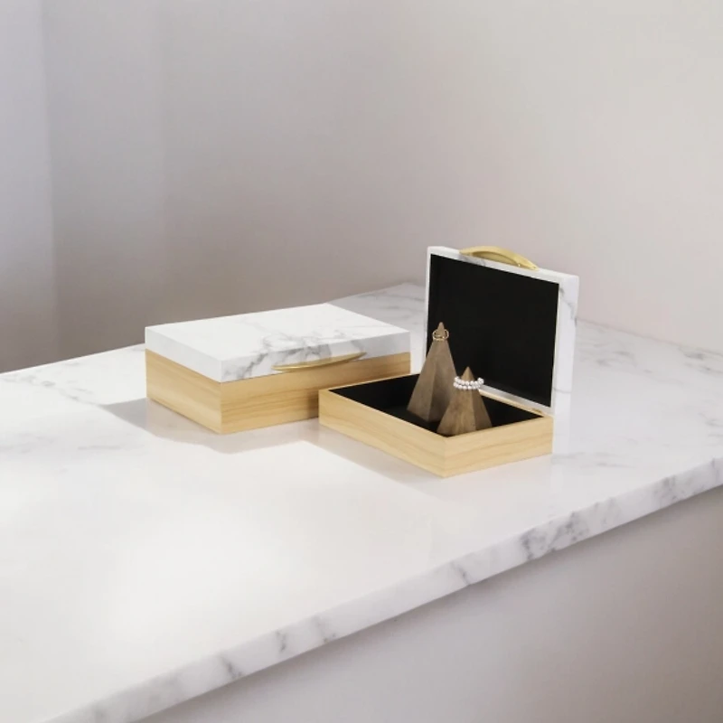 Wood and Faux Marble Rectangular Boxes, Set of 2