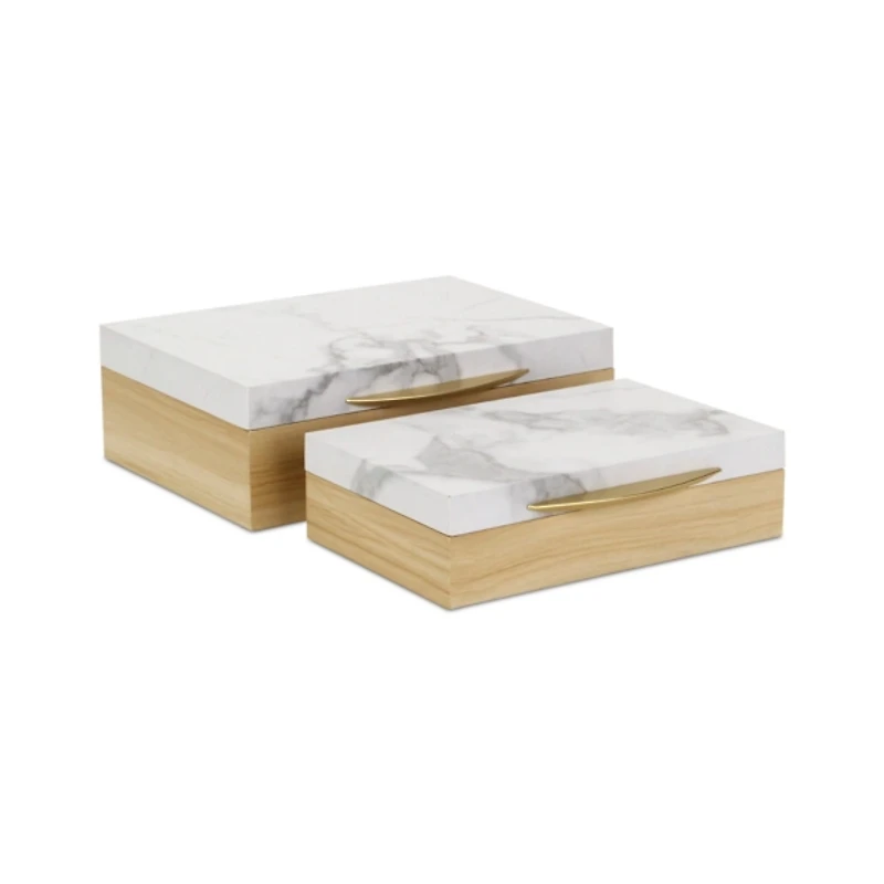Wood and Faux Marble Rectangular Boxes, Set of 2