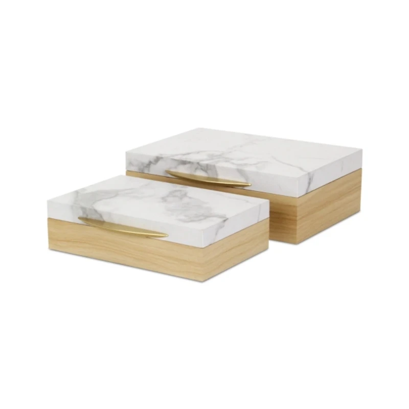 Wood and Faux Marble Rectangular Boxes, Set of 2