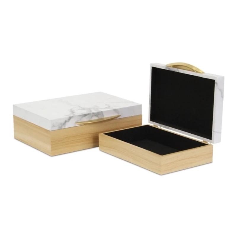 Wood and Faux Marble Rectangular Boxes, Set of 2