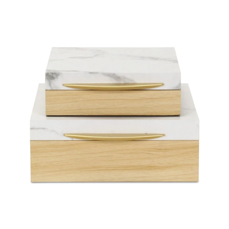 Wood and Faux Marble Square Boxes, Set of 2