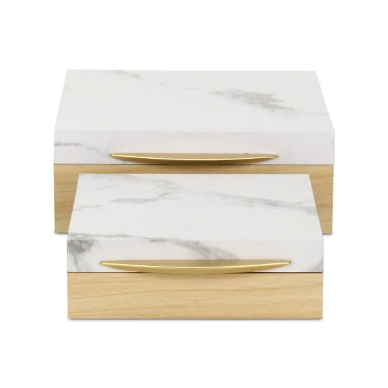 Wood and Faux Marble Square Boxes, Set of 2