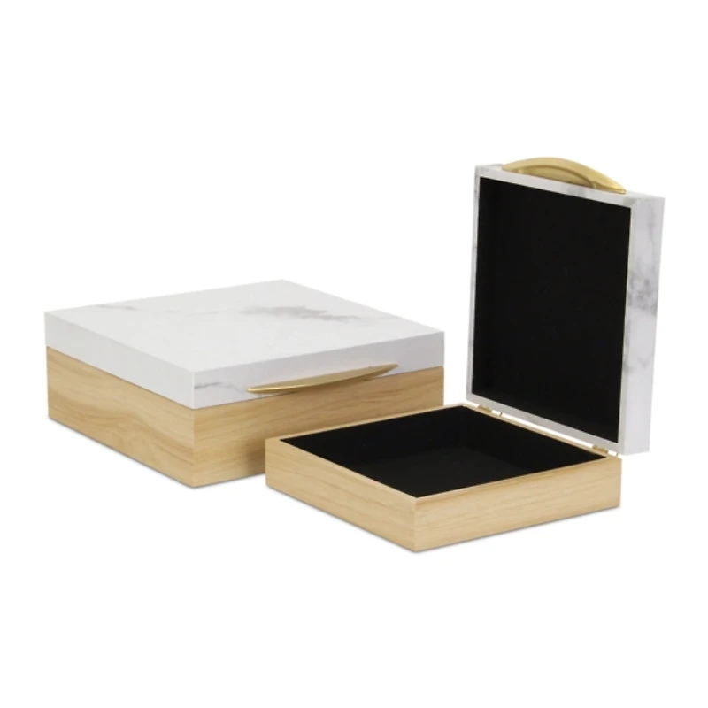 Wood and Faux Marble Square Boxes, Set of 2