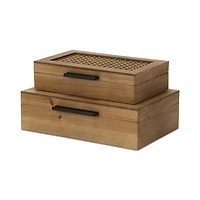 Rattan and Wood Rectangular Boxes, Set of 2