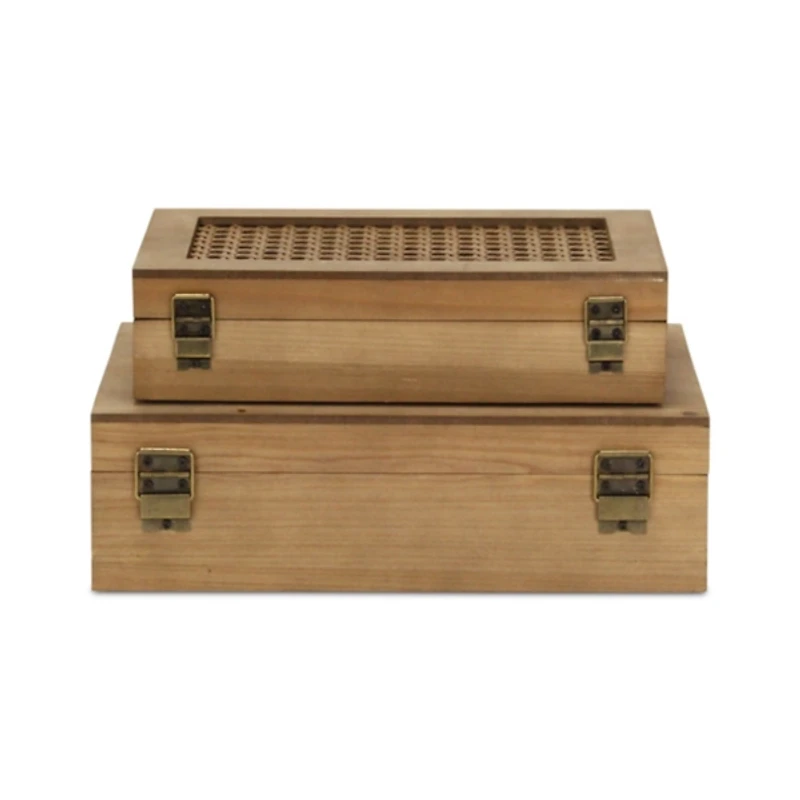 Rattan and Wood Rectangular Boxes, Set of 2