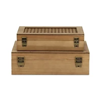 Rattan and Wood Rectangular Boxes, Set of 2