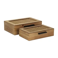 Rattan and Wood Rectangular Boxes, Set of 2