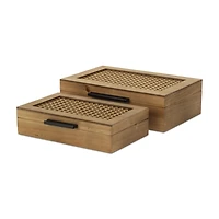 Rattan and Wood Rectangular Boxes, Set of 2