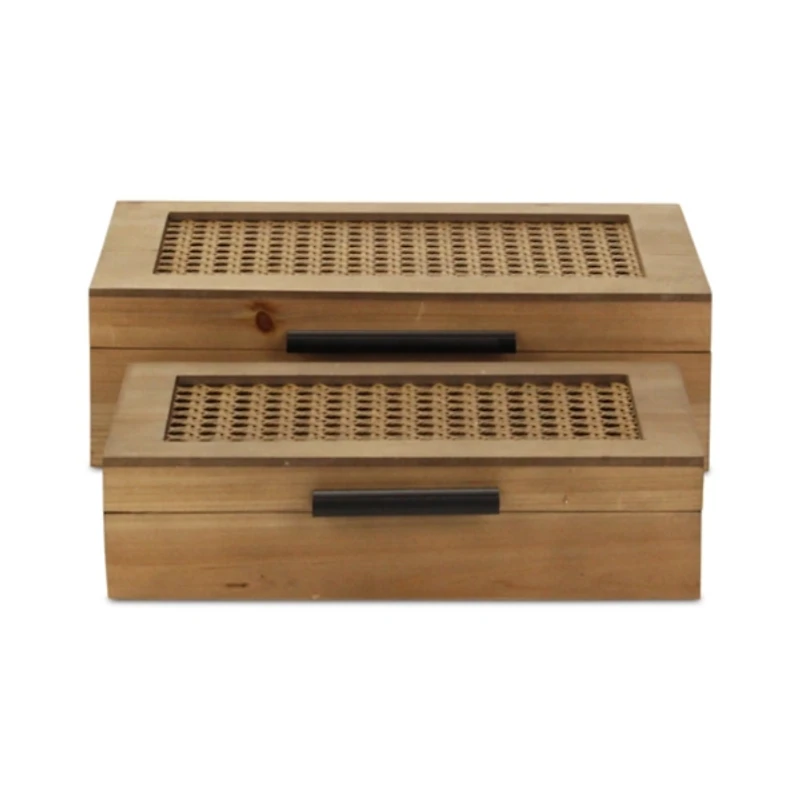 Rattan and Wood Rectangular Boxes, Set of 2