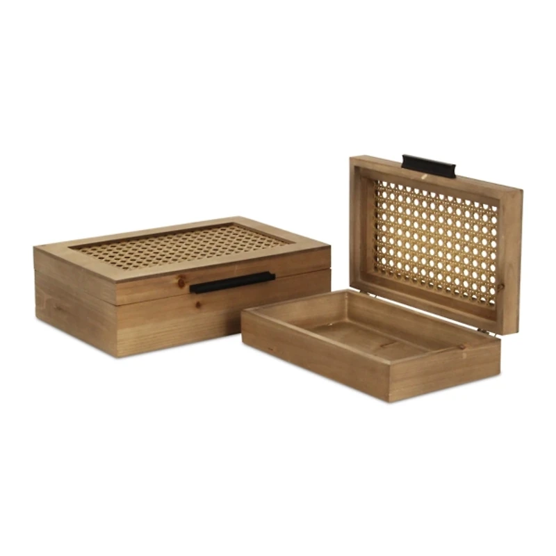 Rattan and Wood Rectangular Boxes, Set of 2