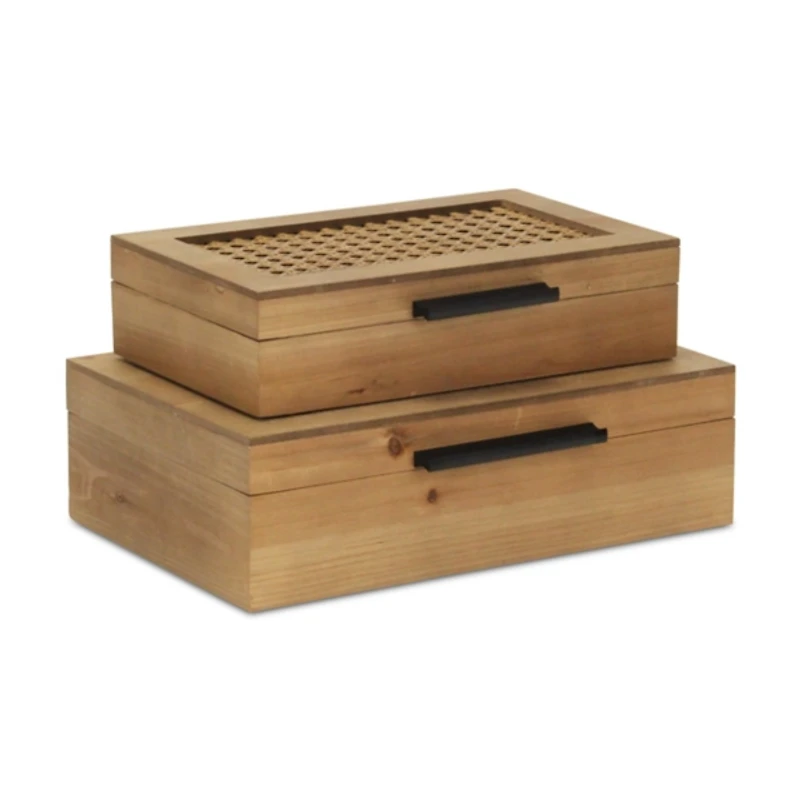 Rattan and Wood Rectangular Boxes, Set of 2