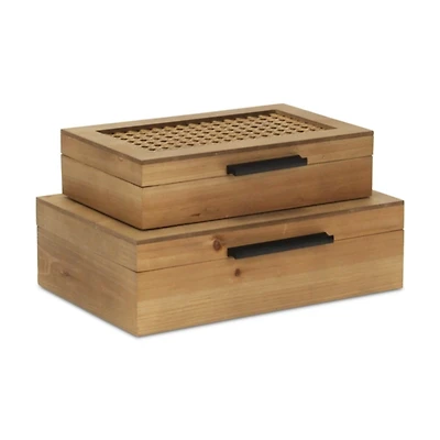 Rattan and Wood Rectangular Boxes, Set of 2
