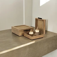 Rattan and Wood Square Boxes, Set of 2