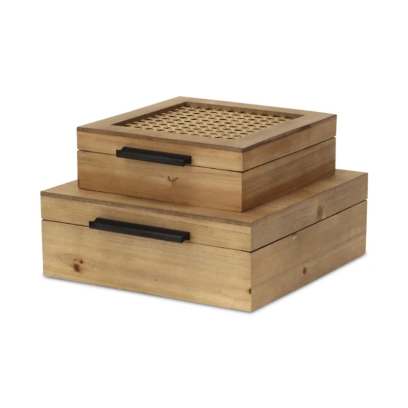Rattan and Wood Square Boxes, Set of 2