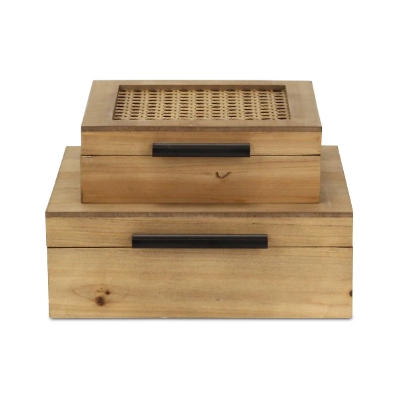 Rattan and Wood Square Boxes, Set of 2