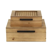 Rattan and Wood Square Boxes, Set of 2