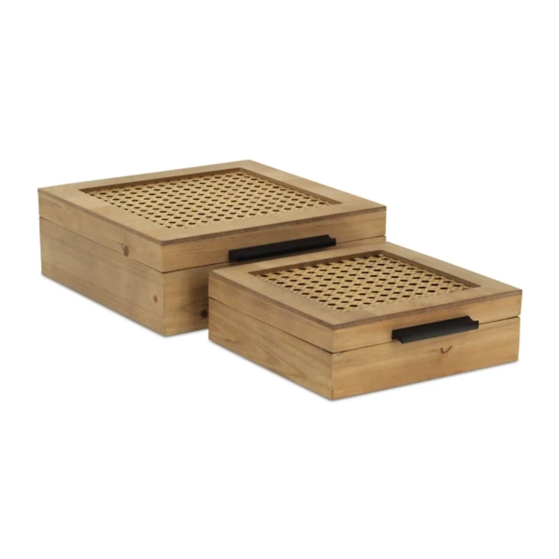 Rattan and Wood Square Boxes, Set of 2