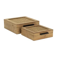 Rattan and Wood Square Boxes, Set of 2