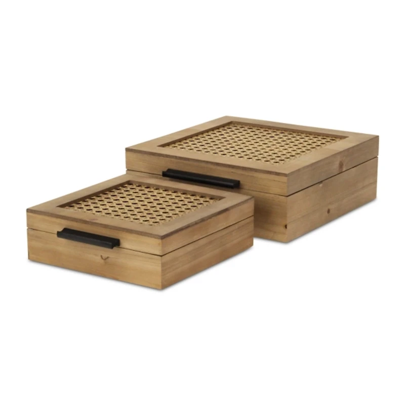 Rattan and Wood Square Boxes, Set of 2