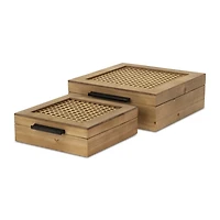 Rattan and Wood Square Boxes, Set of 2
