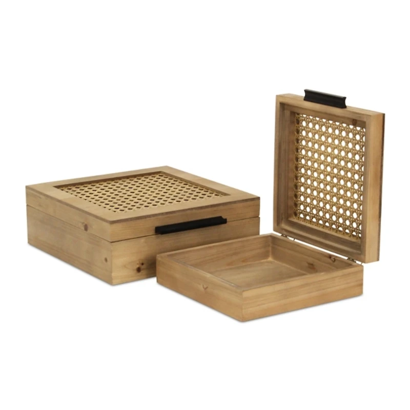 Rattan and Wood Square Boxes, Set of 2