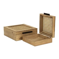 Rattan and Wood Square Boxes, Set of 2