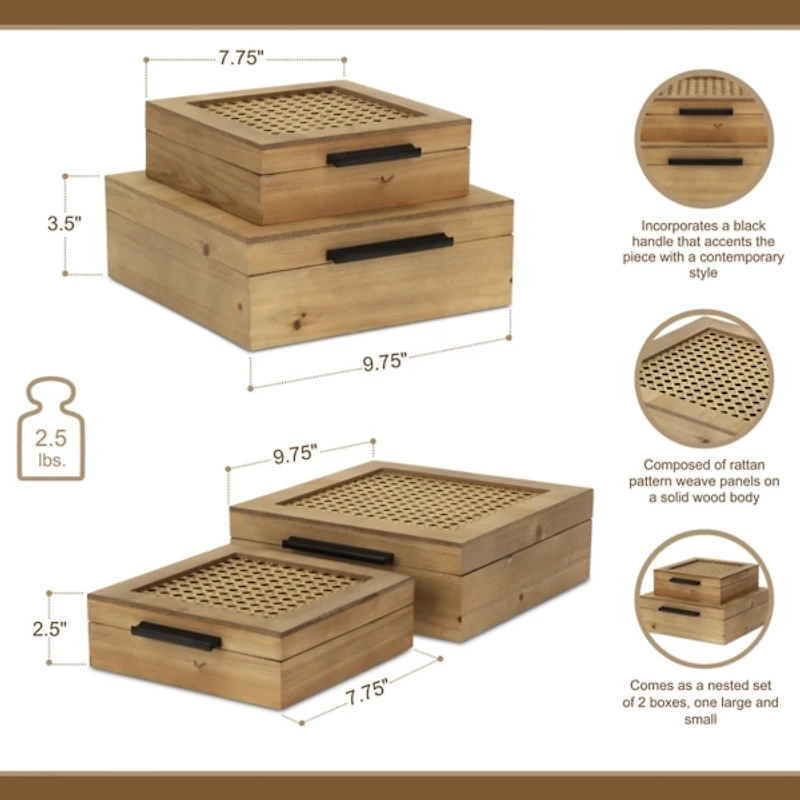 Rattan and Wood Square Boxes, Set of 2