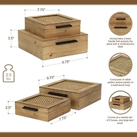 Rattan and Wood Square Boxes, Set of 2