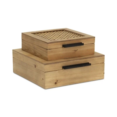 Rattan and Wood Square Boxes, Set of 2
