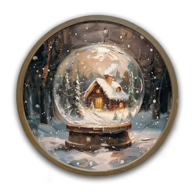 Round Forest Cabin Snow Globe Framed Art Print
