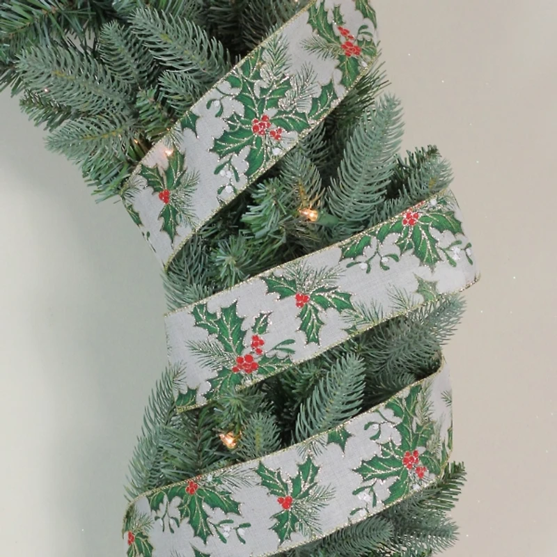 Glitter Holly Leaves 16 yard Christmas Ribbon