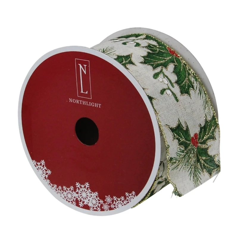 Glitter Holly Leaves 16 yard Christmas Ribbon