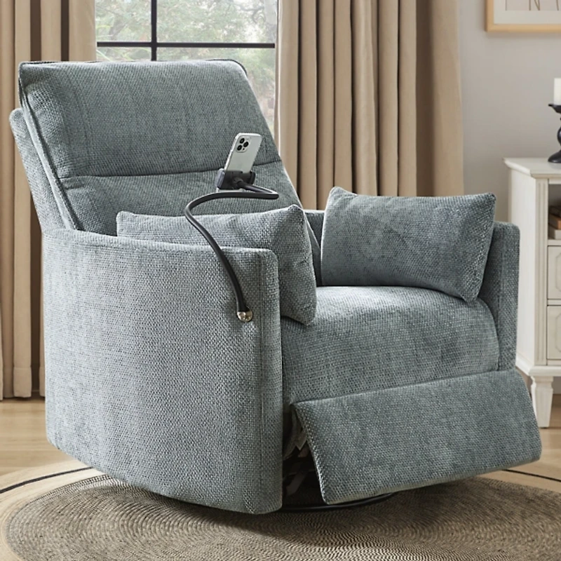 Gray Upholstered Archie Swivel Power Recliner