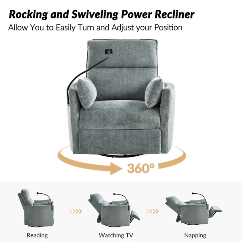 Gray Upholstered Archie Swivel Power Recliner