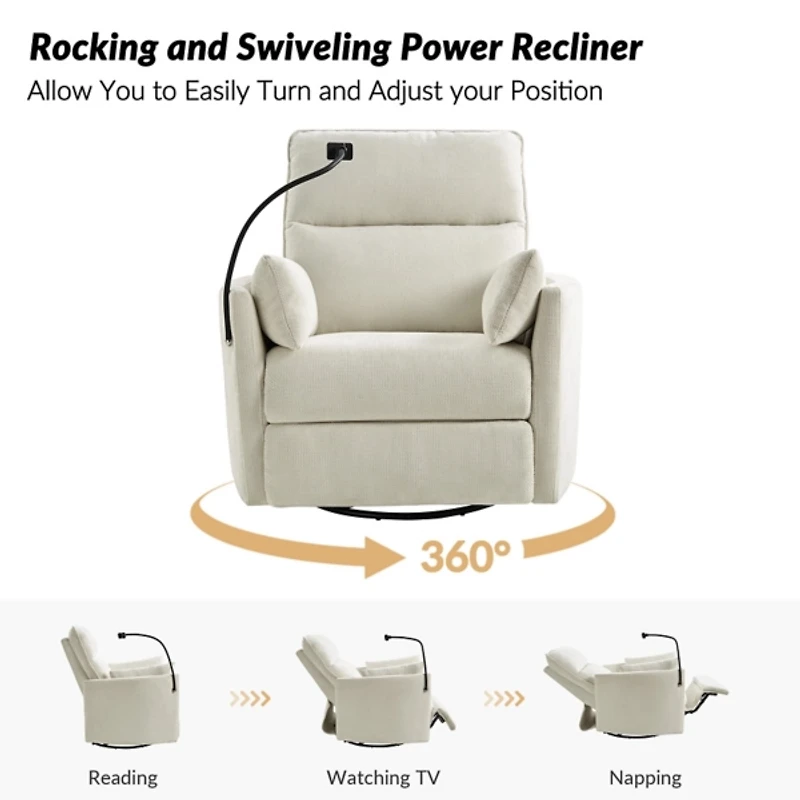 Ivory Upholstered Archie Swivel Power Recliner