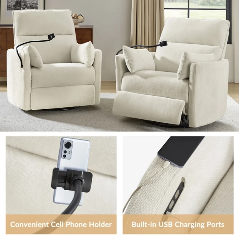 Ivory Upholstered Archie Swivel Power Recliner