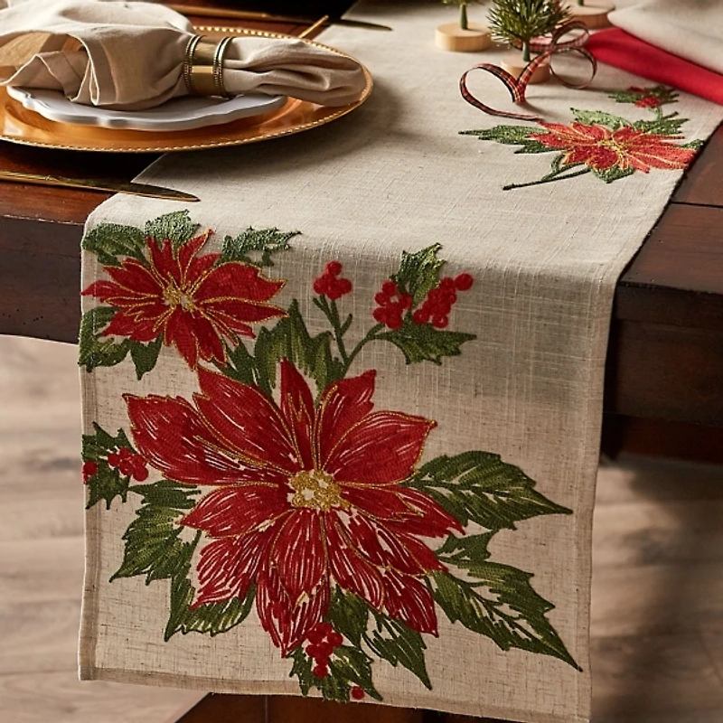 Embroidered Holly Poinsettia Table Runner