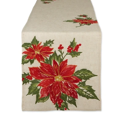 Embroidered Holly Poinsettia Table Runner