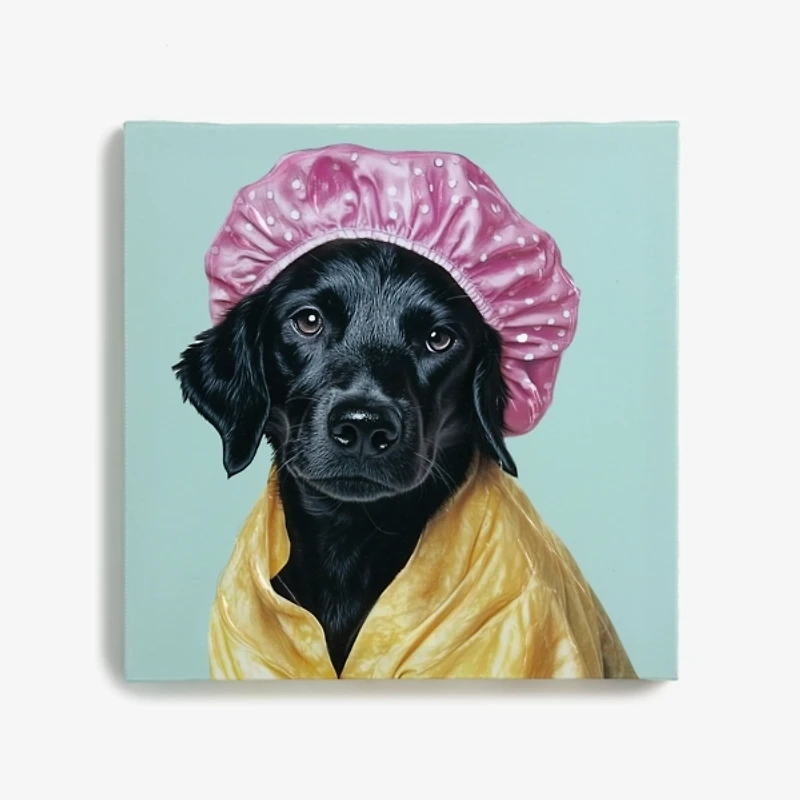 Black Lab in Pink Shower Cap Canvas Art Print