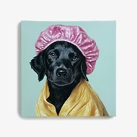 Black Lab in Pink Shower Cap Canvas Art Print