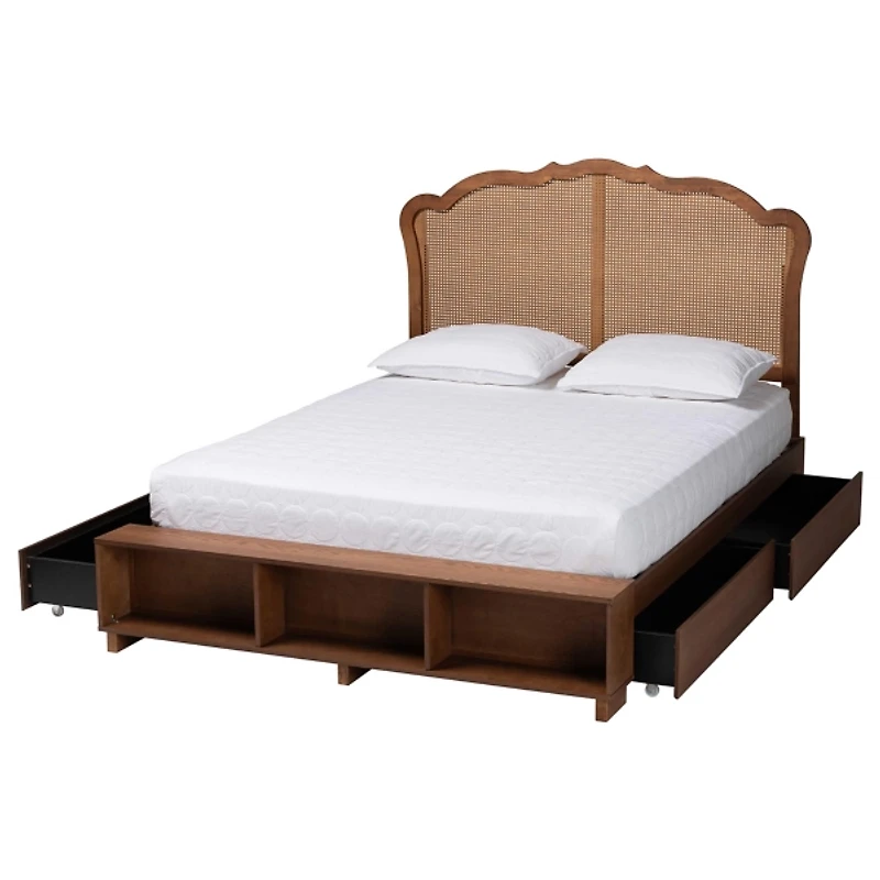 Walnut & Rattan Mallory Queen Bed with Storage