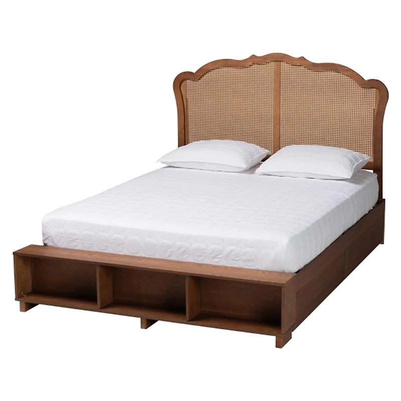 Walnut & Rattan Mallory Queen Bed with Storage