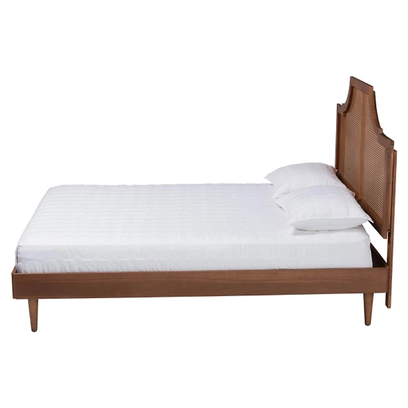 Walnut Mid-Century Rattan Queen Bed Frame