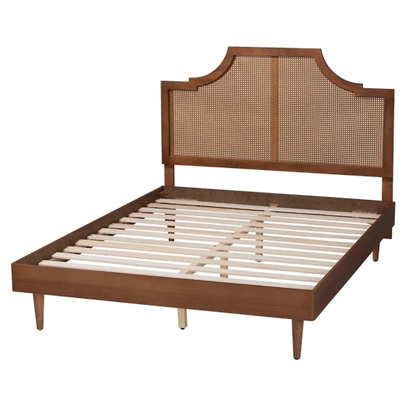 Walnut Mid-Century Rattan Queen Bed Frame