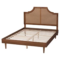 Walnut Mid-Century Rattan Queen Bed Frame