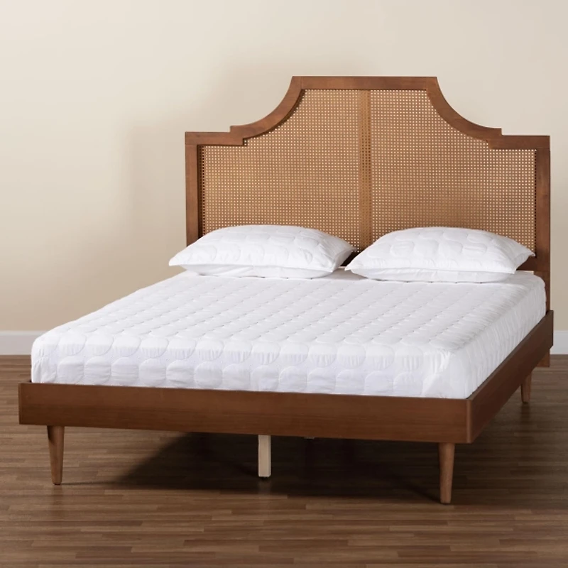 Walnut Mid-Century Rattan Queen Bed Frame