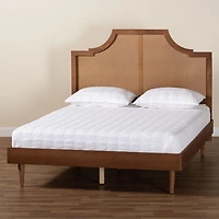 Walnut Mid-Century Rattan Queen Bed Frame