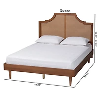 Walnut Mid-Century Rattan Queen Bed Frame