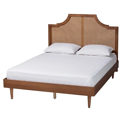 Walnut Mid-Century Rattan Queen Bed Frame