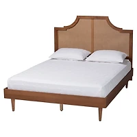 Walnut Mid-Century Rattan Queen Bed Frame